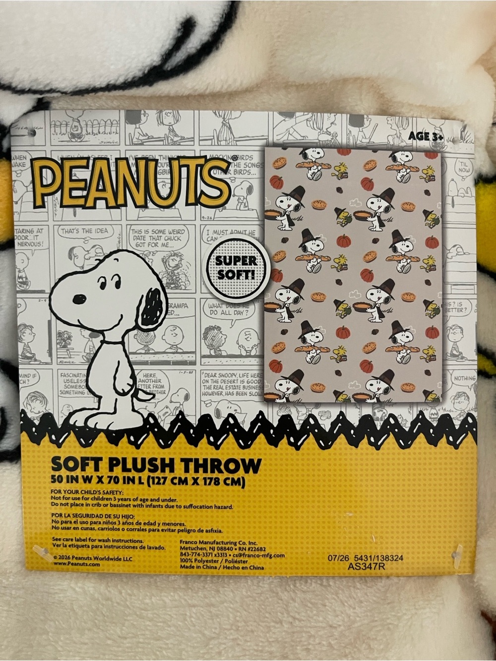 πPEANUTS OVERSIZED SNOOPY THANKSGIVING π¦ PLUSH FLEECE THROW BLANKET - Picture 5 of 6